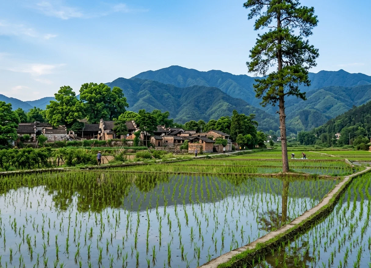 RICE FIELD AND COUNTRY VILLAGE